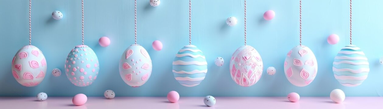 Happy Easter Holiday Celebration : Hanging pastel painted easter eggs on blue pink wall texture
