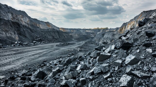 Industrial coal mining in an open pit quarry, fossil fuels, environmental pollution
