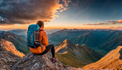 A woman with a backpack sits on a mountain peak, watching the sun rise over a valley. - obrazy, fototapety, plakaty