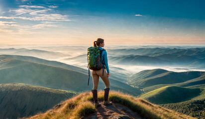 A woman with a backpack stands on a mountain top, looking out at a valley shrouded in mist. - obrazy, fototapety, plakaty