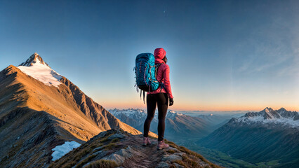 A woman wearing a pink jacket and a blue backpack stands on a rocky mountain top.
