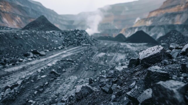 Industrial coal mining in an open pit quarry, fossil fuels, environmental pollution