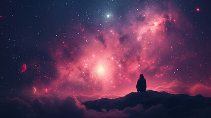 A man sits back and looks at a cosmic landscape with night sky, stars and celestial light. Negative space, background.