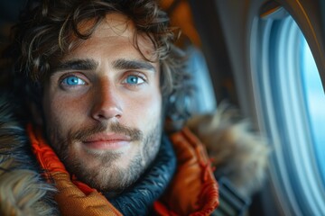 Close-up of a man with deep blue eyes and messy hair, wrapped in an orange winter jacket, inside a vehicle - obrazy, fototapety, plakaty