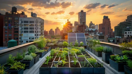 Photo sur Aluminium Etats Unis Garden on Top of City Roof During Sunrise