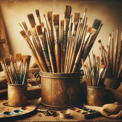  Old  artist's brushes  vintage style, multicolored strokes of paint on the canvas - 763411241