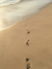 Fototapeta na wymiar 砂浜に打ち寄せる波と足跡