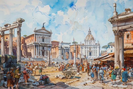 Watercolor depiction of a bustling Roman forum with citizens, merchants, and soldiers