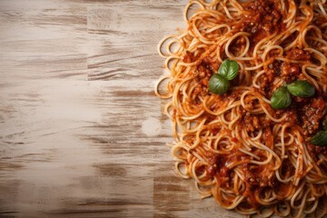 Delicious spaghetti on a ceramic tile against a whitewashed wood background
