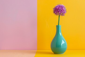 Still life arrangement of a single purple chive blossom in a teal vase against a yellow and pink color-blocked background.