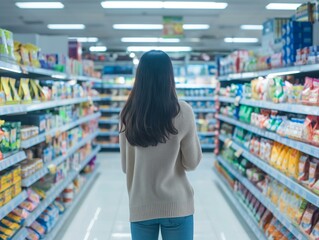 Young Woman Shopping in Grocery Store Aisle, Choosing Products Carefully
