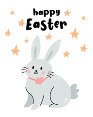 Obraz na płótnie Canvas Greeting card with cute bunny. Easter illustration with festive animals in boho style. Happy Easter. Vector cartoon illustration for print.