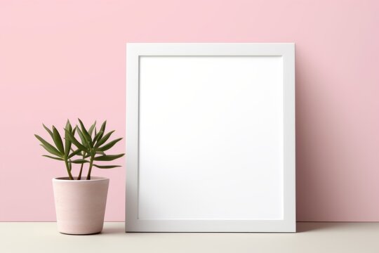 Potted plant next to a white frame on a pink wall