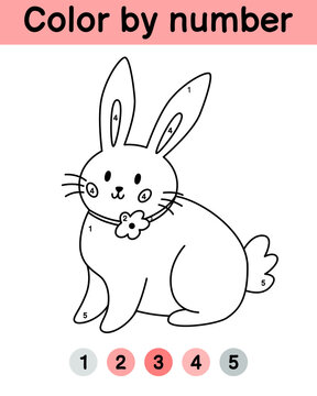 Color by number game for kids. Cute bunny. Easter coloring book. Printable worksheet with solution for school and preschool. Learning numbers activity. Vector cartoon illustration.
