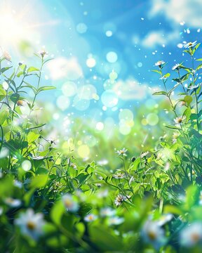 A fresh spring blue sunny sky background with blurred warm sunny glow high-resolution