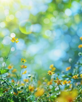 Fototapeta A fresh spring blue sunny sky background with blurred warm sunny glow high-resolution