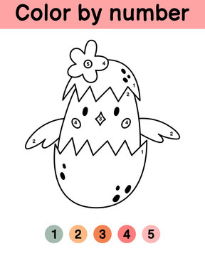 Color by number game for kids. Cute chick. Easter coloring book. Printable worksheet with solution for school and preschool. Learning numbers activity. Vector cartoon illustration.