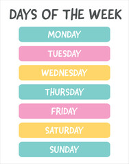 Days of the week, lettering inscription handwriting stickers with days for planer, scrapbooking, bullet journal. Learning days of the week poster for classroom, kids, preschool, kindergarten, playroom - obrazy, fototapety, plakaty