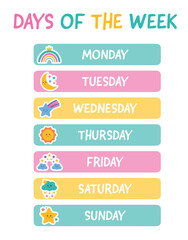Fototapeta premium Collection of 7 days of the week. Lettering stickers with days for planer stickers, scrapbooking, bullet journal, weekly planner. Learning days of week poster for classroom, preschool, kindergarten.