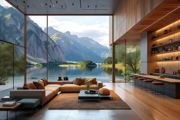 a modern and luxurious open-plan living room and kitchen interior with a view of a lake and alpine landscape, lodge style
