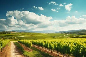 Rolling vineyards with neat rows of grapevines under a sunny sky