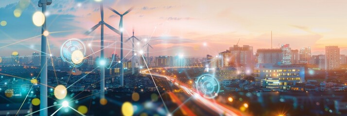 AI interface in urban skyline with wind turbines symbolizing smart city solutions for a sustainable future - obrazy, fototapety, plakaty