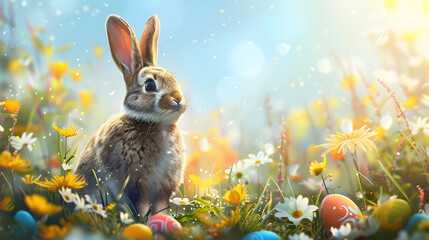 Fototapeta na wymiar Cute Easter bunny with colorful eggs on a spring nature background, perfect for holiday and seasonal use.
