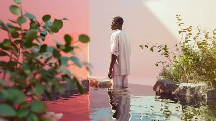 Foto op Plexiglas Innovative Black millennial appreciating his garden's water installation, a study in pink surrealism © Breezze