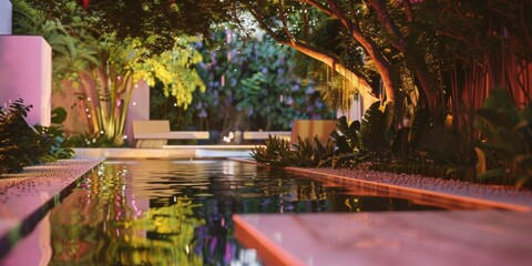 Twilight serenity in a lush garden pond, a tranquil reflection of modern millennial taste in a vibrant horticultural setting