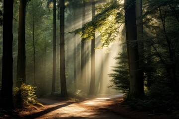 Sunbeams filtering through dense woods on a crisp morning