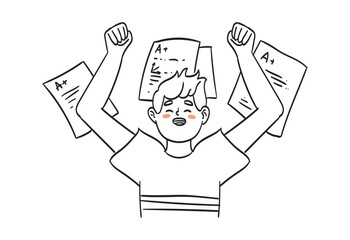 Success in education and learning concept. Smiling boy pupil stand holding in hands educational exam test with excellent result or grades. Schoolboy feeling happy and cheerful. Vector illustration.