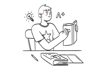 Child study line vector illustration. Cartoon isolated education scene with student, kid with happy cheerful face thinking, boy sitting at desk with books writing and reading, doing homework.