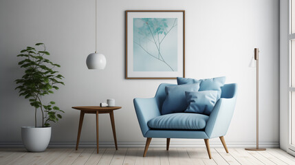 Sleek Modern Interior with Blue Armchair and Botanical Artwork