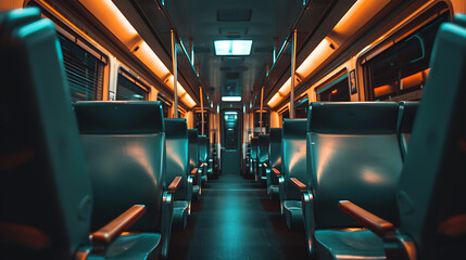 Interior of a train with empty seats. Toned image. - obrazy, fototapety, plakaty