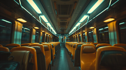 Interior of a train with yellow seats and neon lights.  - obrazy, fototapety, plakaty