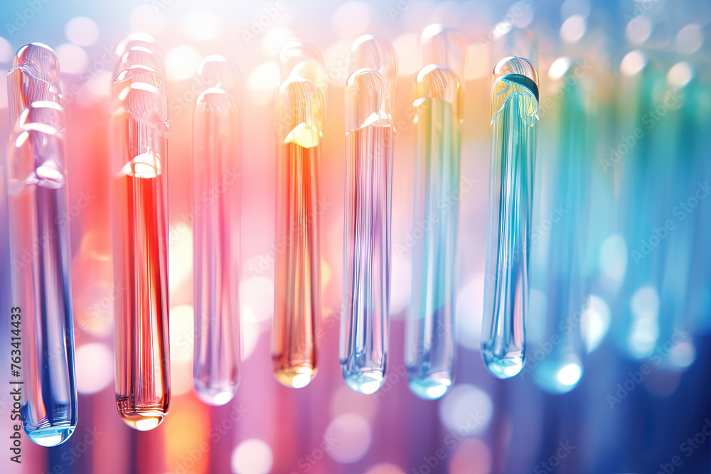 Poster pink holographic bubbles floating on the soft colorful abstract background in beautiful vivid tones.