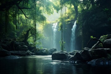 Tranquil and serene  background with a gentle waterfall in a forest