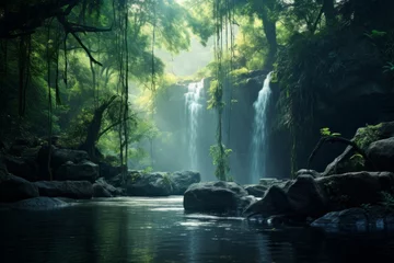 Foto op Plexiglas Tranquil and serene  background with a gentle waterfall in a forest © KerXing