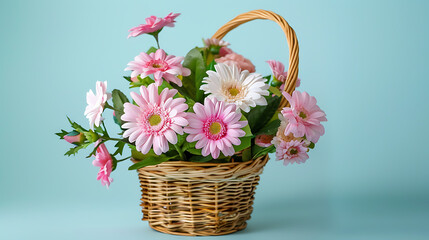 Fototapeta na wymiar Bouquet of pink gerbera flowers in basket on blue background