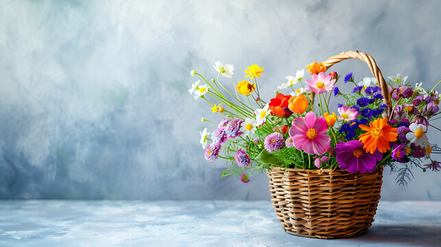 Bouquet of wildflowers in a wicker basket on a light background