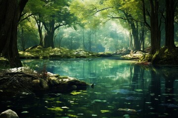 Tranquil forest glade with a crystal-clear pond reflecting the trees