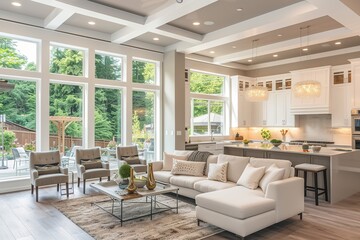 Beautiful living room and kitchen in new modern luxury home with open concept floor plan. Features waterfall island, hardwood floors, and large windows inviting natural light.