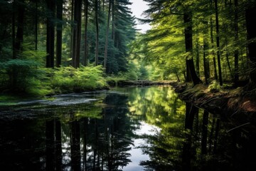 Serene river flowing through a vibrant green forest
