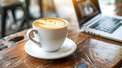 a cup of cappuccino sits on a table next to a laptop. - obrazy, fototapety, plakaty