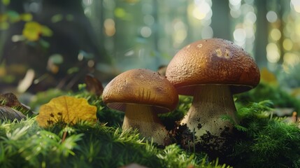 Fototapeta premium Beautiful white mushrooms in the forest.