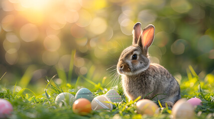 Fototapeta na wymiar A cute easter bunny surrounded by colorful eggs in a vibrant spring nature background