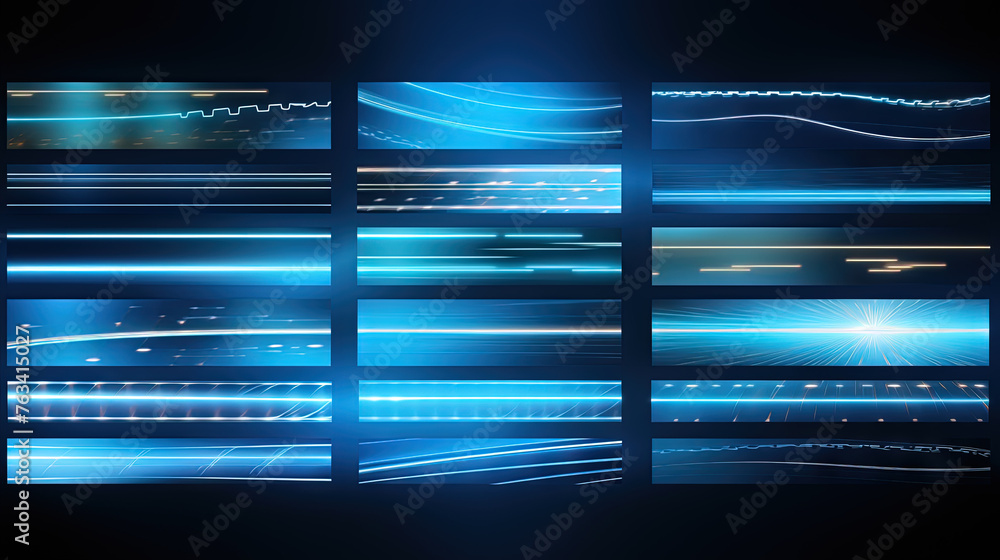 Poster business abstraction with infographics style data blocks in blue glowing lights.