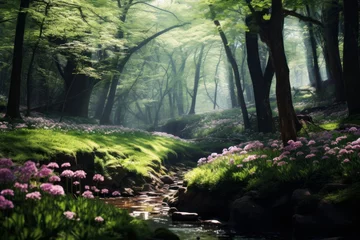 Wandcirkels tuinposter Serene stream flowing through a vibrant green forest © KerXing
