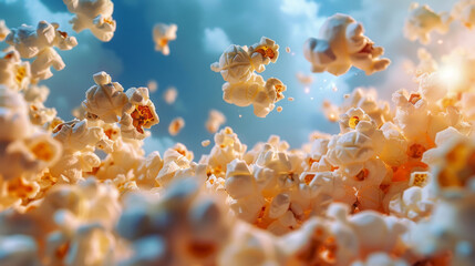 Flavorful popcorn kernels exploding in the air, delicious snack.