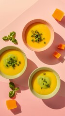 healthy cream soup garnished with parsley and spices in bowls overhead view on pink surface
